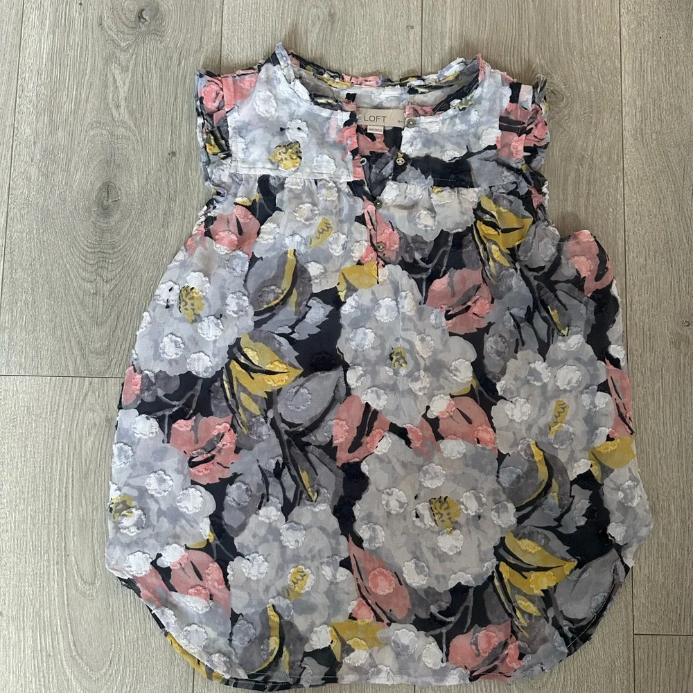 LOFT Floral Blouse - Pink, Yellow, Gray - Picture 1 of 3
